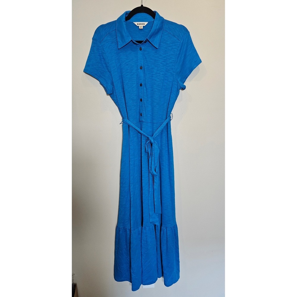 Boden Cressida Jersey Shirt Dress Blue Short Sleeve Midi Belted Cotton Modal 10R